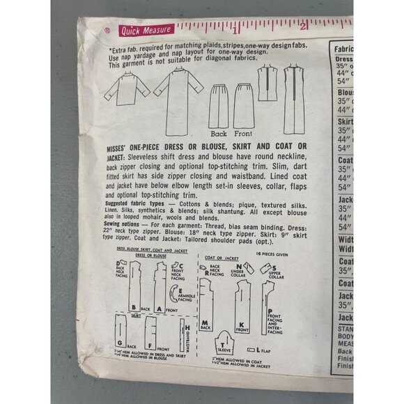 60s Simplicity 5835 Misses Sewing Pattern Size 12 Dress Blouse Skirt Jacket Coat - Picture 5 of 7